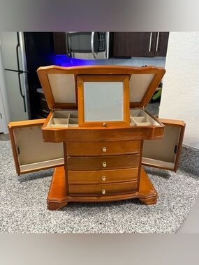 VTG Melin Wooden Jewelry Armoire Box Large Vanity Organizer 14"x11"